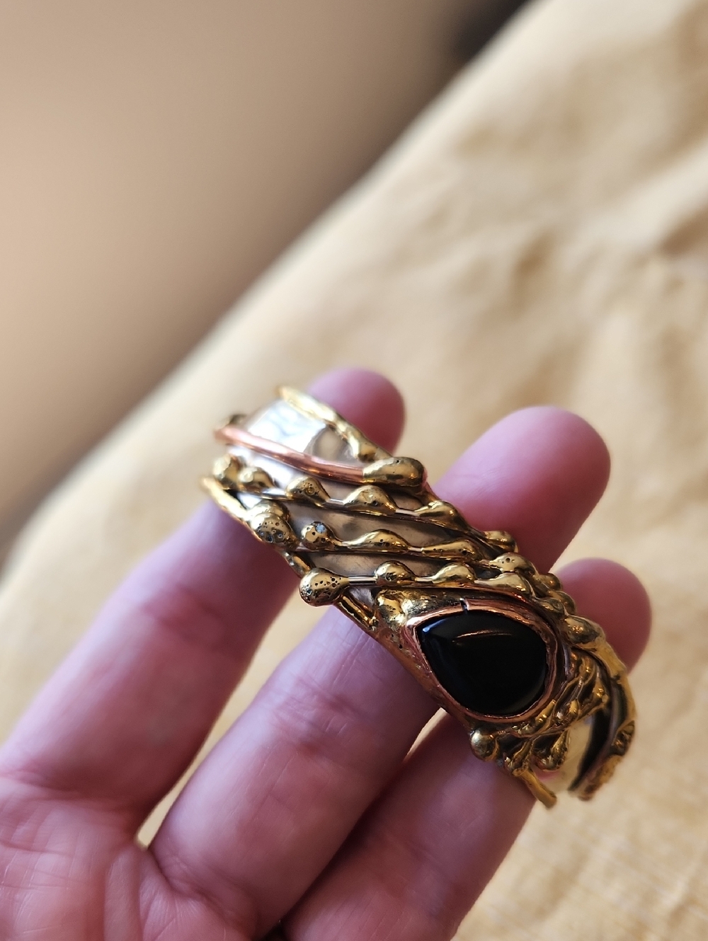 Gold-Tone Mixed Metals Cuff Bracelet with Black Stone Vintage Abstract Copper - Picture 6 of 12